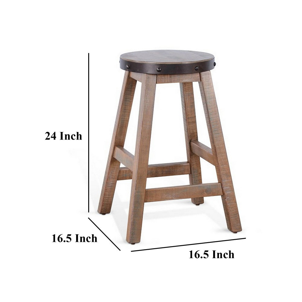 Benjara Ayka Round Counter Stool, Metal Band, Splayed Legs, Brown Mahogany