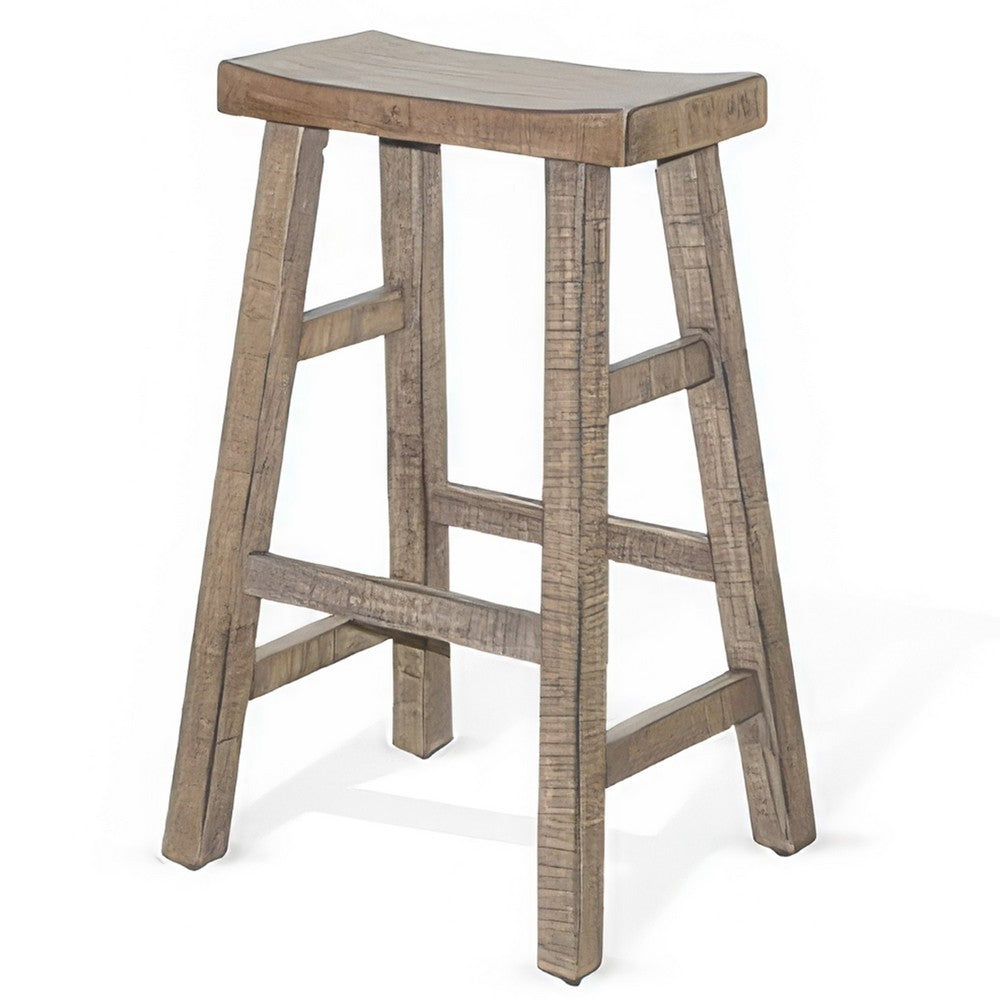 Benjara Rena Barstool Set of 2, Saddle Style Seat, Light Brown Mahogany Wood