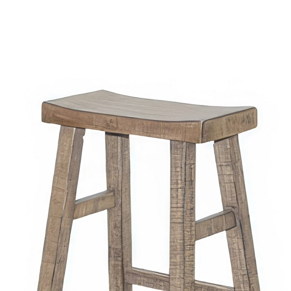 Benjara Rena Barstool Set of 2, Saddle Style Seat, Light Brown Mahogany Wood