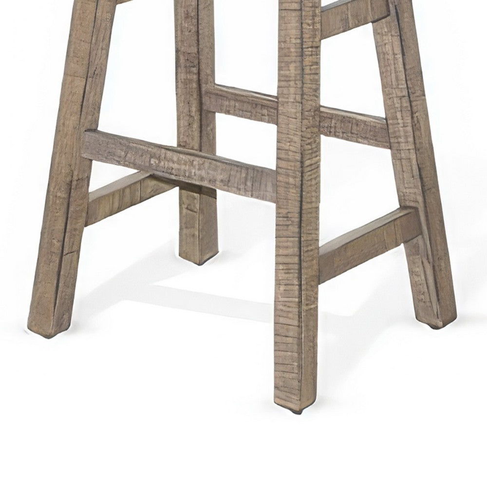 Benjara Rena Barstool Set of 2, Saddle Style Seat, Light Brown Mahogany Wood