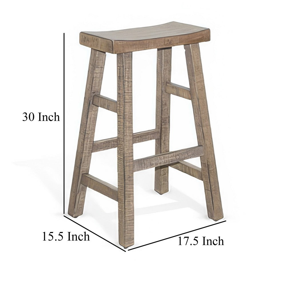 Benjara Rena Barstool Set of 2, Saddle Style Seat, Light Brown Mahogany Wood