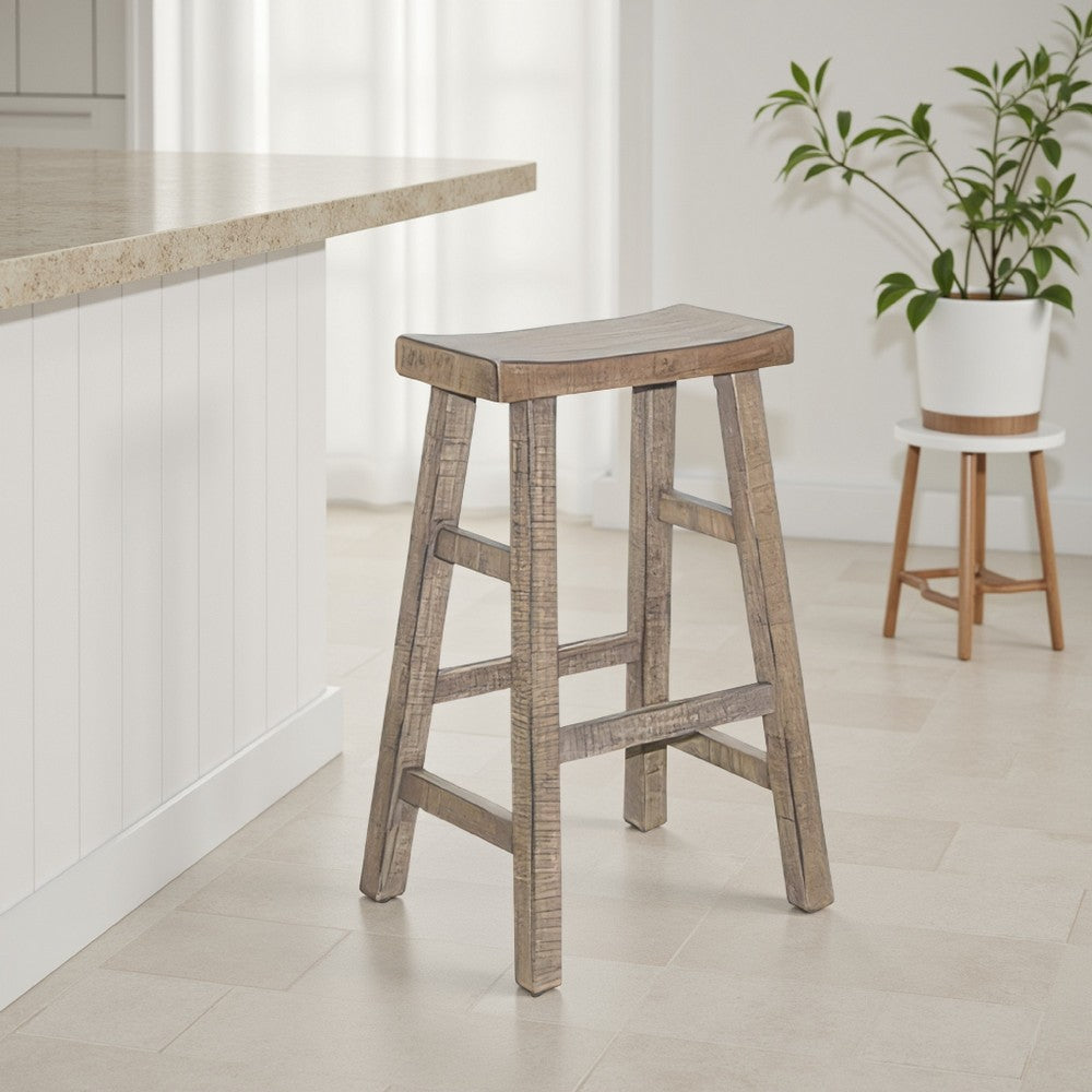 Benjara Rena Barstool Set of 2, Saddle Style Seat, Light Brown Mahogany Wood
