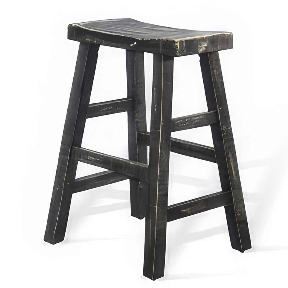 Benjara Rena Counter Stool Set of 2, Saddle Seat, Black Sand Mahogany Wood