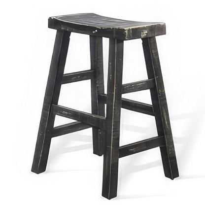 Benjara Rena Counter Stool Set of 2, Saddle Seat, Black Sand Mahogany Wood