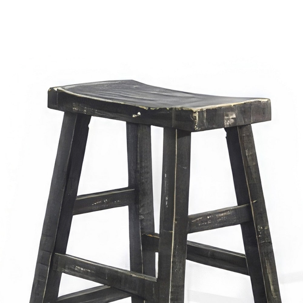 Benjara Rena Counter Stool Set of 2, Saddle Seat, Black Sand Mahogany Wood