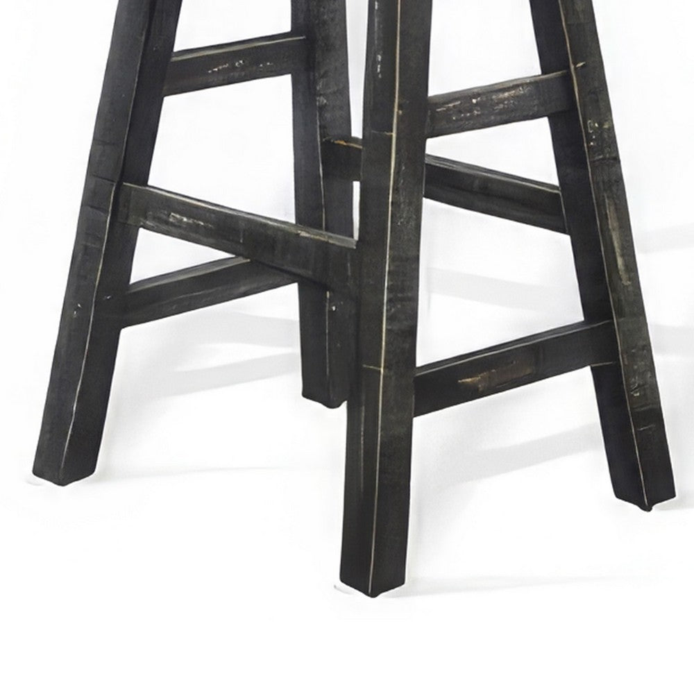 Benjara Rena Counter Stool Set of 2, Saddle Seat, Black Sand Mahogany Wood