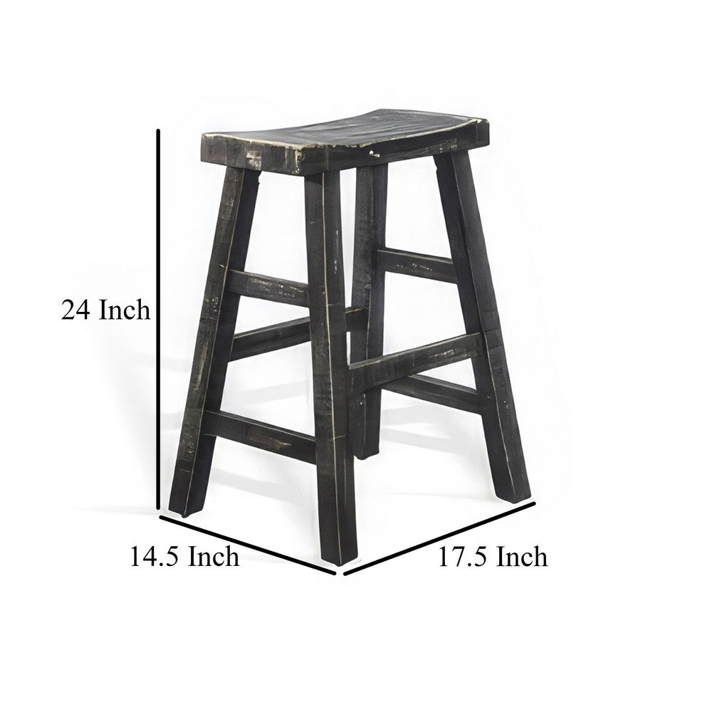 Benjara Rena Counter Stool Set of 2, Saddle Seat, Black Sand Mahogany Wood