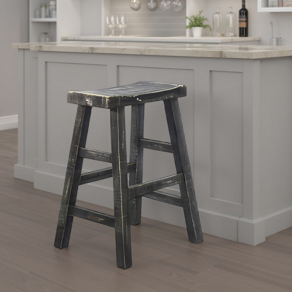 Benjara Rena Counter Stool Set of 2, Saddle Seat, Black Sand Mahogany Wood