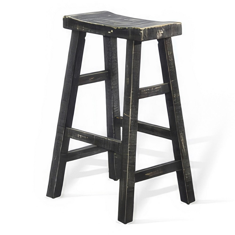 Benjara Rena Barstool Set of 2, Saddle Style Seat, Black Sand Mahogany Wood