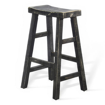 Benjara Rena Barstool Set of 2, Saddle Style Seat, Black Sand Mahogany Wood