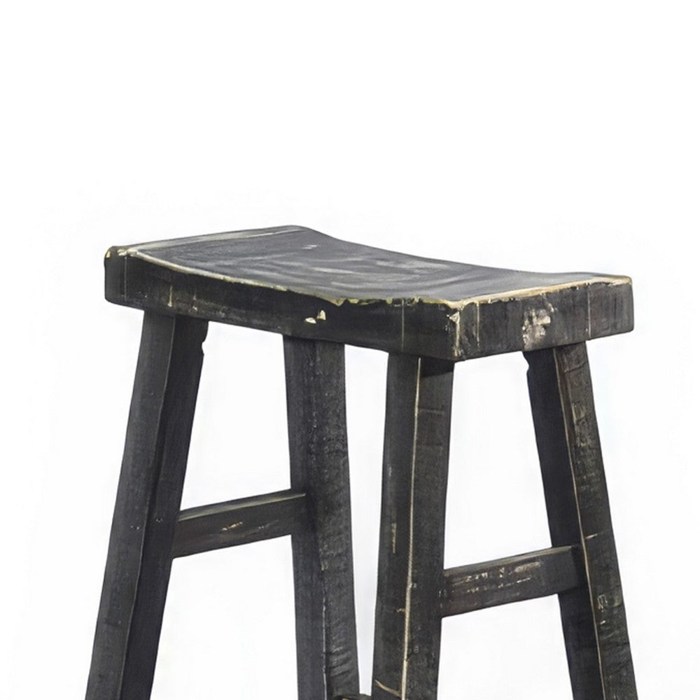 Benjara Rena Barstool Set of 2, Saddle Style Seat, Black Sand Mahogany Wood