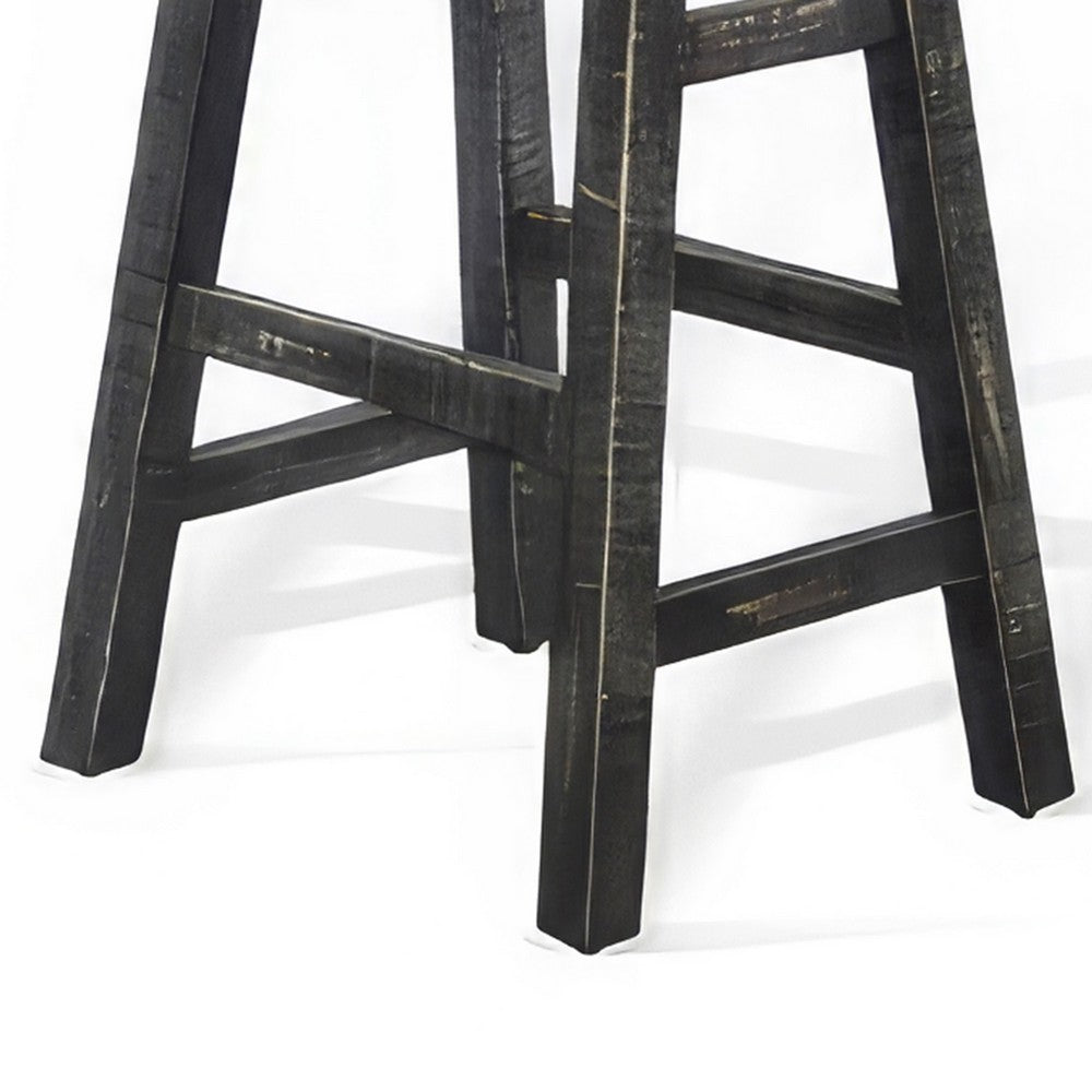 Benjara Rena Barstool Set of 2, Saddle Style Seat, Black Sand Mahogany Wood