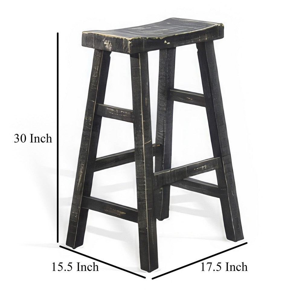 Benjara Rena Barstool Set of 2, Saddle Style Seat, Black Sand Mahogany Wood