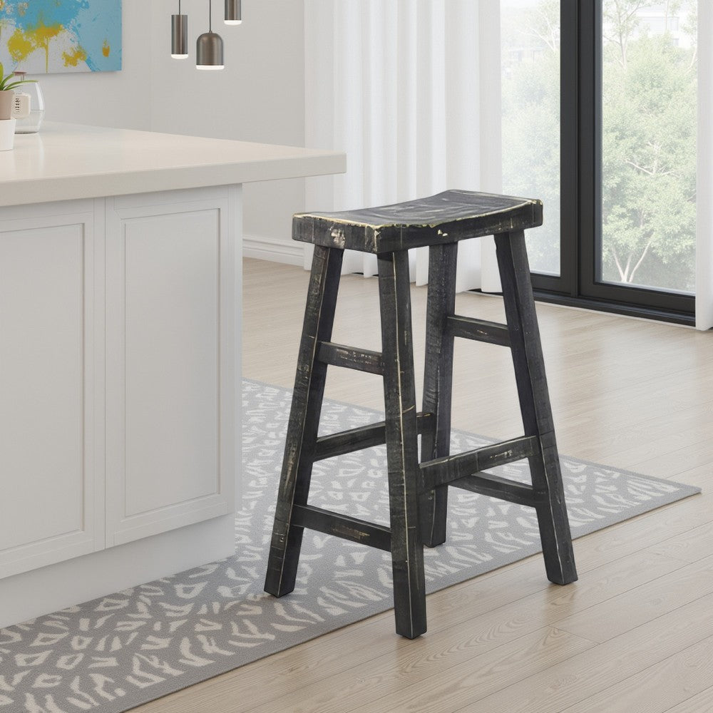 Benjara Rena Barstool Set of 2, Saddle Style Seat, Black Sand Mahogany Wood