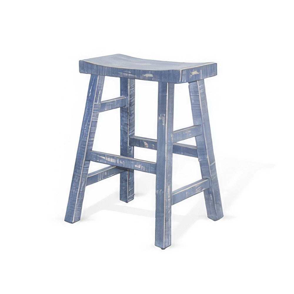 Benjara Rena Counter Stool Set of 2, Saddle Seat, Ocean Blue Mahogany Wood