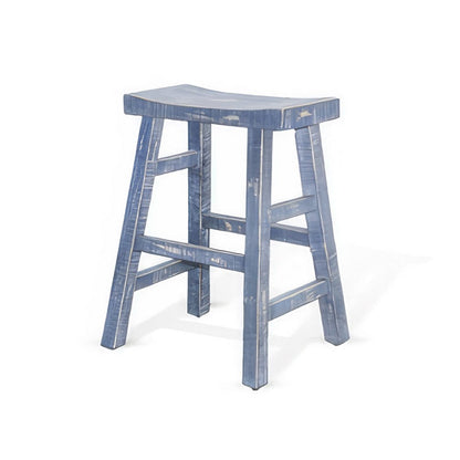 Benjara Rena Counter Stool Set of 2, Saddle Seat, Ocean Blue Mahogany Wood