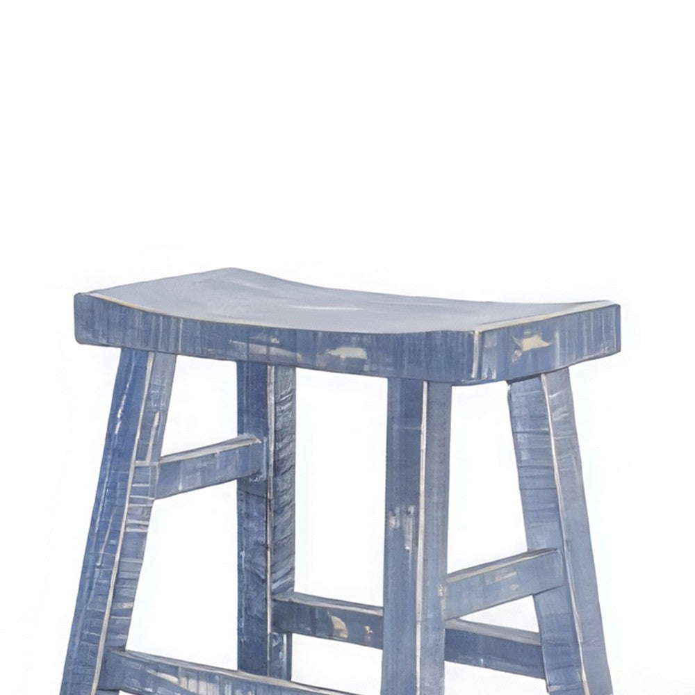 Benjara Rena Counter Stool Set of 2, Saddle Seat, Ocean Blue Mahogany Wood