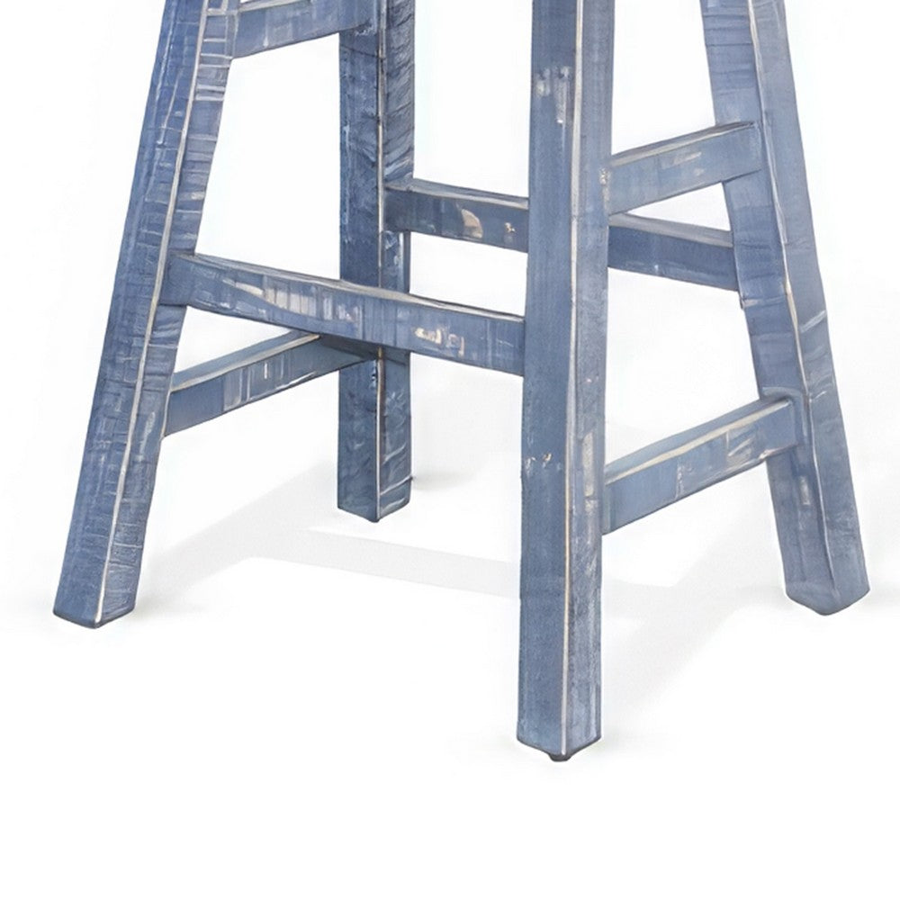 Benjara Rena Counter Stool Set of 2, Saddle Seat, Ocean Blue Mahogany Wood