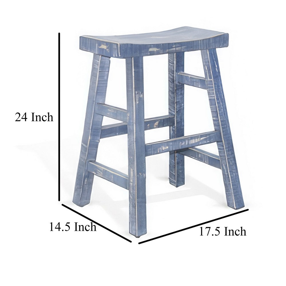 Benjara Rena Counter Stool Set of 2, Saddle Seat, Ocean Blue Mahogany Wood