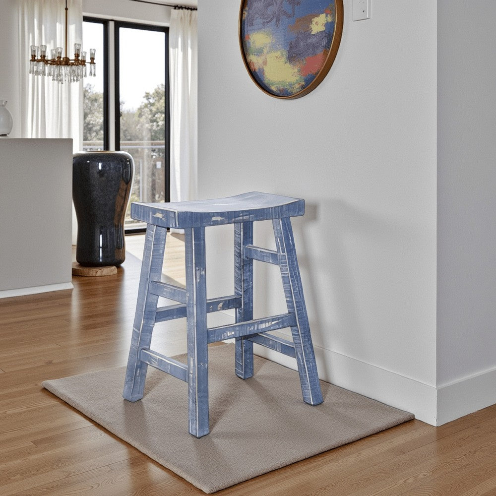Benjara Rena Counter Stool Set of 2, Saddle Seat, Ocean Blue Mahogany Wood
