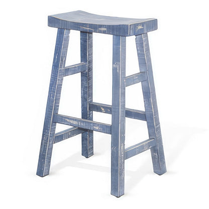 Benjara Rena Barstool Set of 2, Saddle Style Seat, Ocean Blue Mahogany Wood