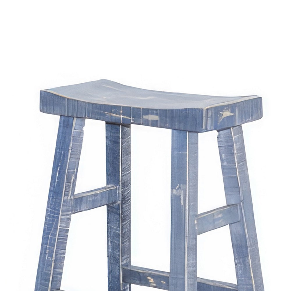 Benjara Rena Barstool Set of 2, Saddle Style Seat, Ocean Blue Mahogany Wood