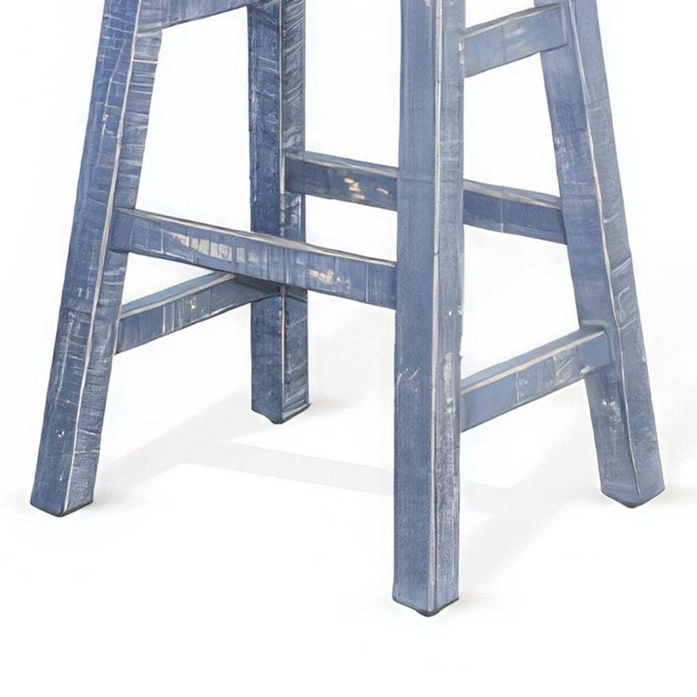 Benjara Rena Barstool Set of 2, Saddle Style Seat, Ocean Blue Mahogany Wood