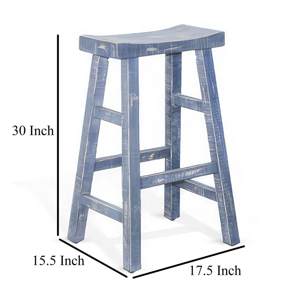 Benjara Rena Barstool Set of 2, Saddle Style Seat, Ocean Blue Mahogany Wood