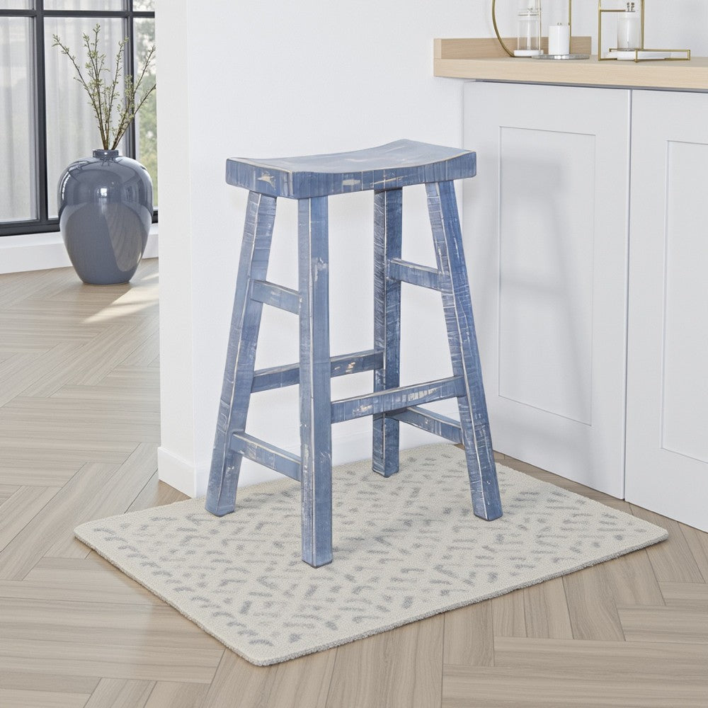 Benjara Rena Barstool Set of 2, Saddle Style Seat, Ocean Blue Mahogany Wood