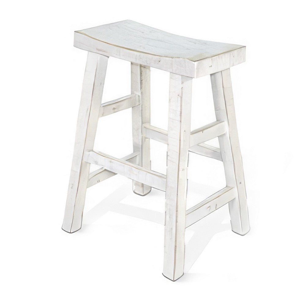Benjara Rena Counter Stool Set of 2, Saddle Seat, White Sand Mahogany Wood