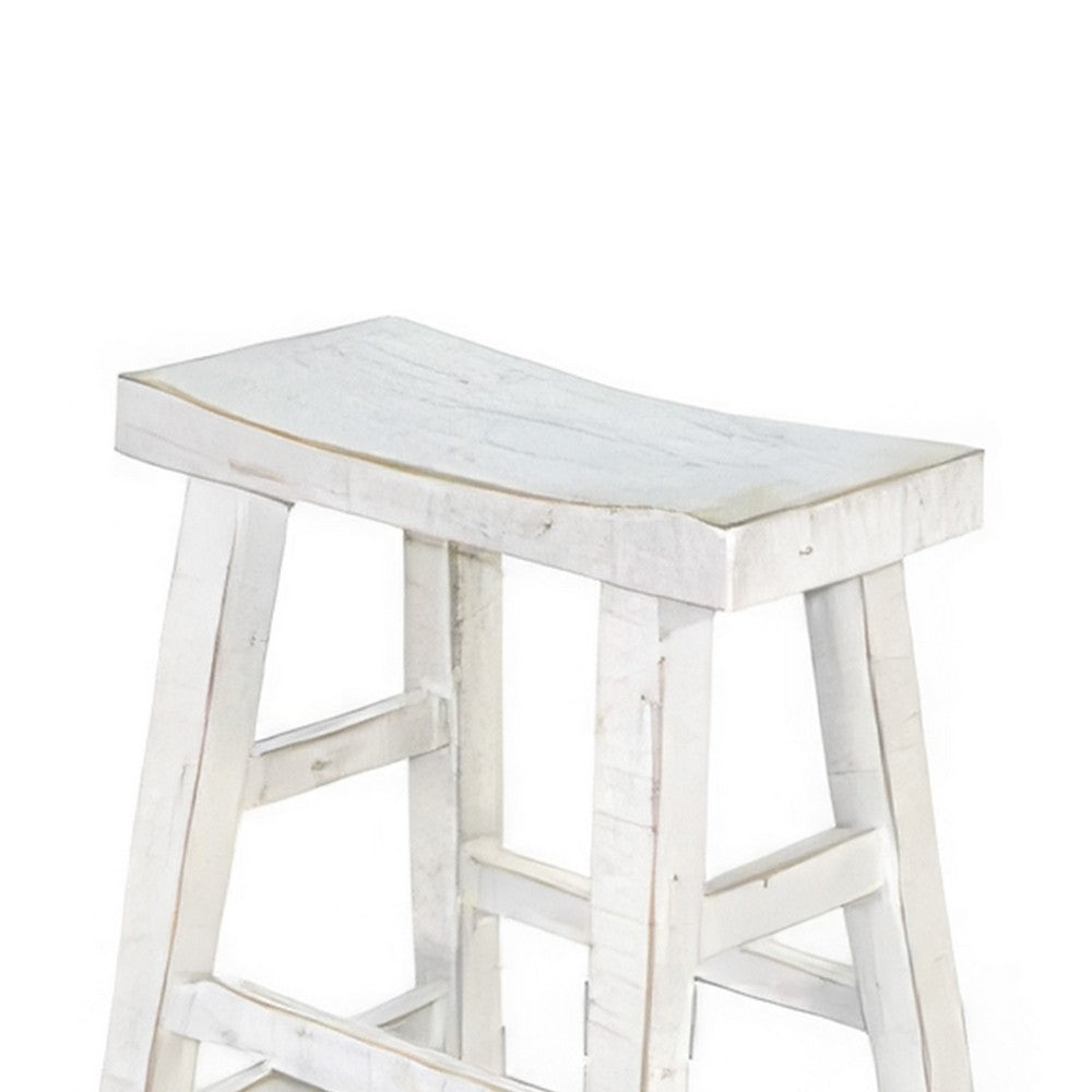 Benjara Rena Counter Stool Set of 2, Saddle Seat, White Sand Mahogany Wood
