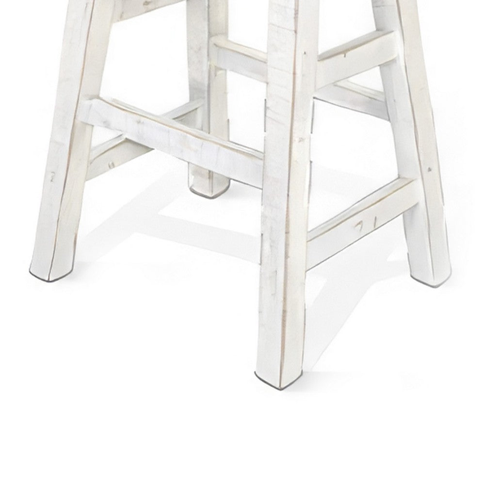 Benjara Rena Counter Stool Set of 2, Saddle Seat, White Sand Mahogany Wood