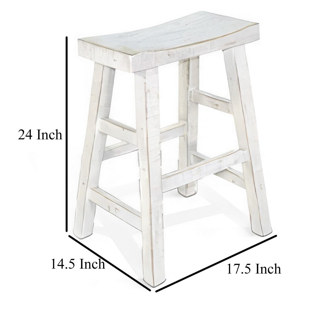 Benjara Rena Counter Stool Set of 2, Saddle Seat, White Sand Mahogany Wood