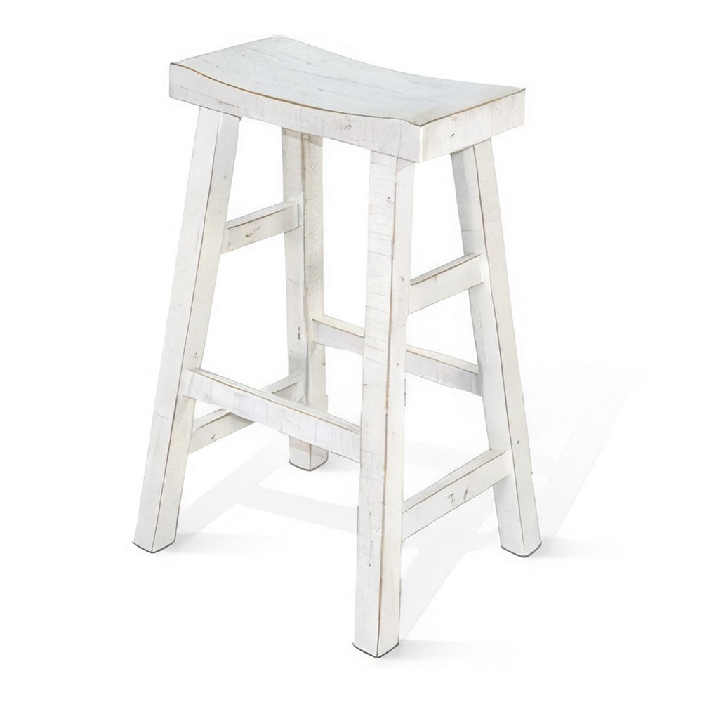 Benjara Rena Bar Stool Set of 2, Saddle Style Seat, White Sand Mahogany Wood