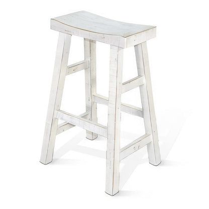 Benjara Rena Bar Stool Set of 2, Saddle Style Seat, White Sand Mahogany Wood