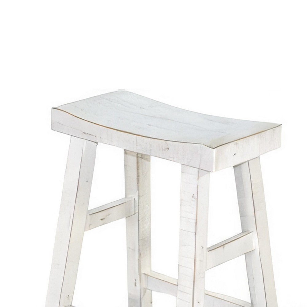 Benjara Rena Bar Stool Set of 2, Saddle Style Seat, White Sand Mahogany Wood
