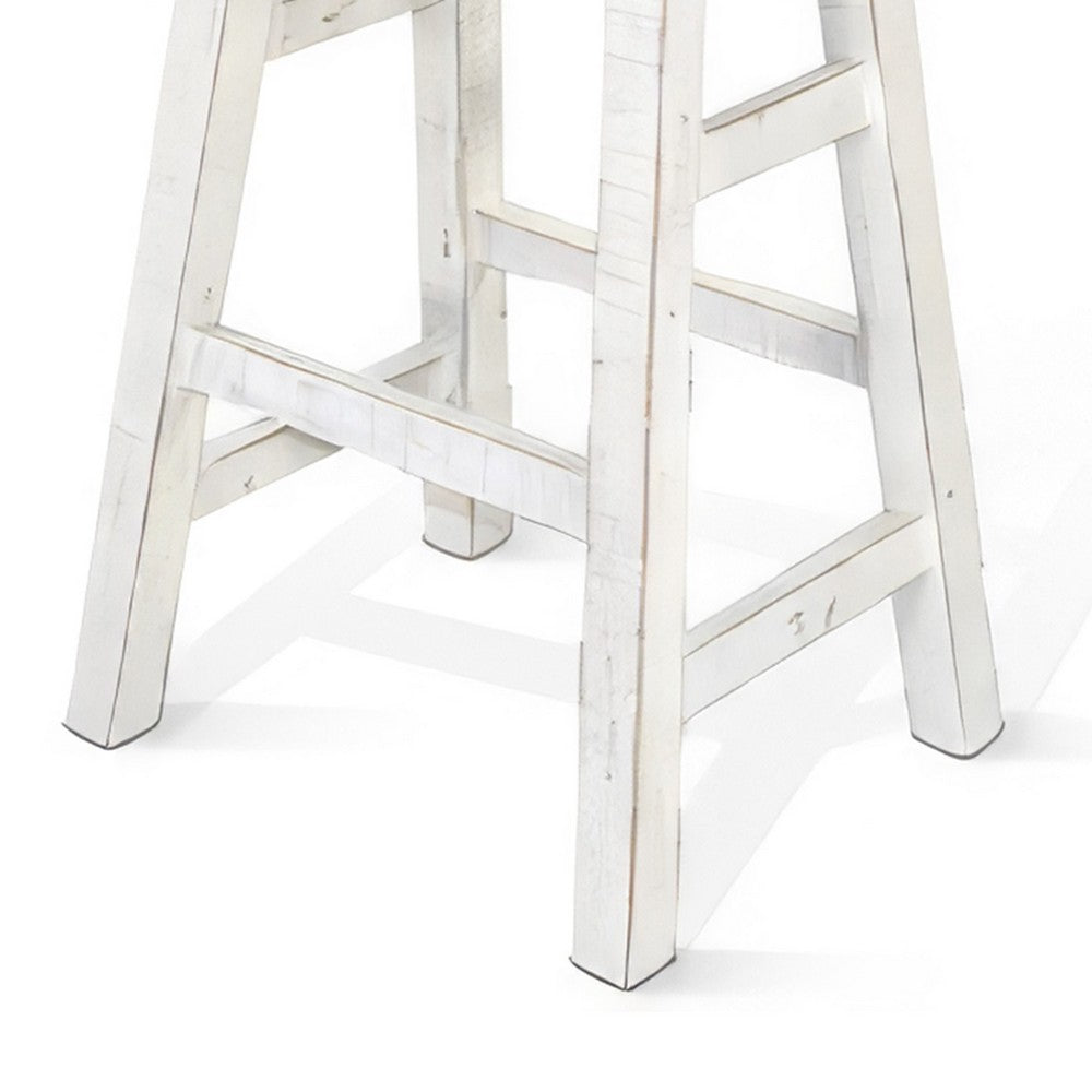 Benjara Rena Bar Stool Set of 2, Saddle Style Seat, White Sand Mahogany Wood