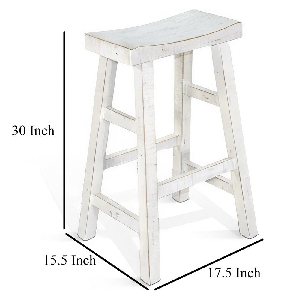 Benjara Rena Bar Stool Set of 2, Saddle Style Seat, White Sand Mahogany Wood