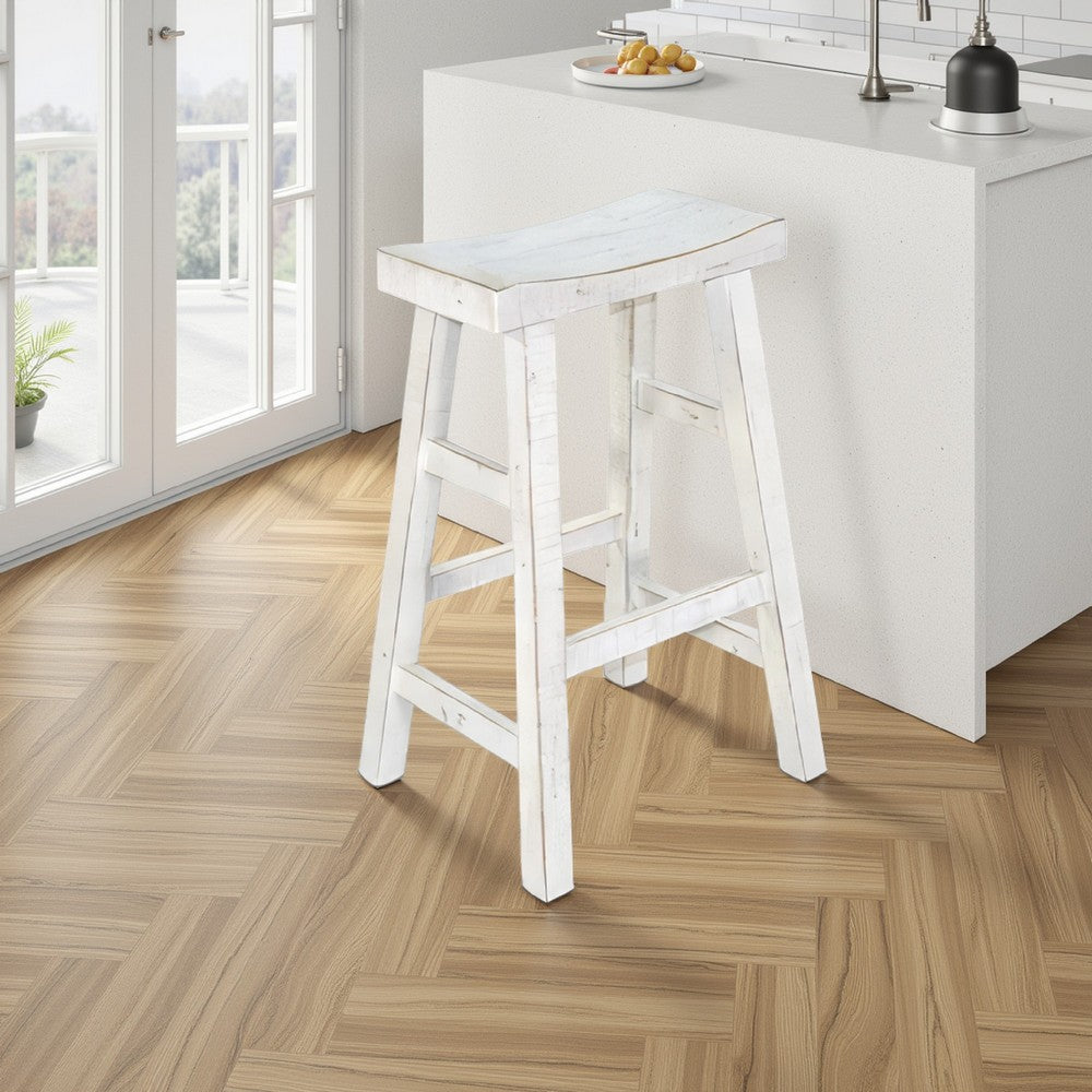Benjara Rena Bar Stool Set of 2, Saddle Style Seat, White Sand Mahogany Wood