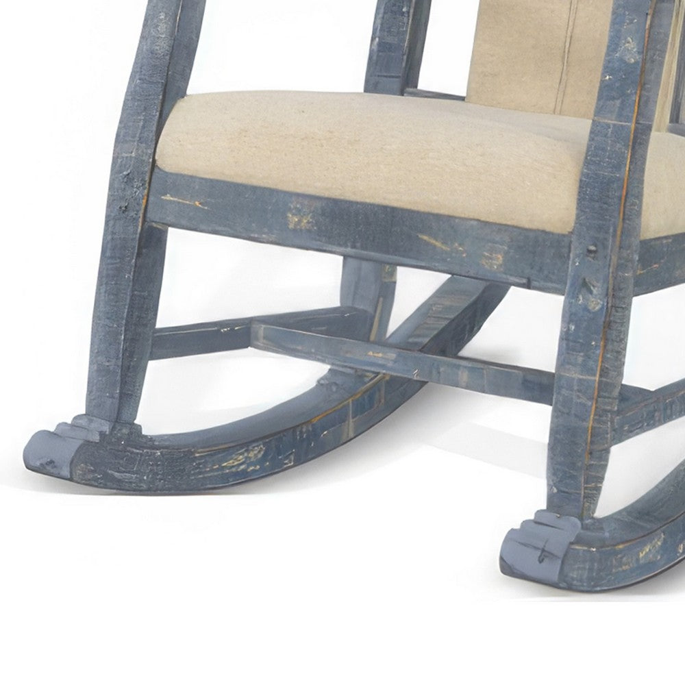 Benjara Rena Rocking Chair, Cushion Seat And Back, Blue Mahogany Mindy Wood