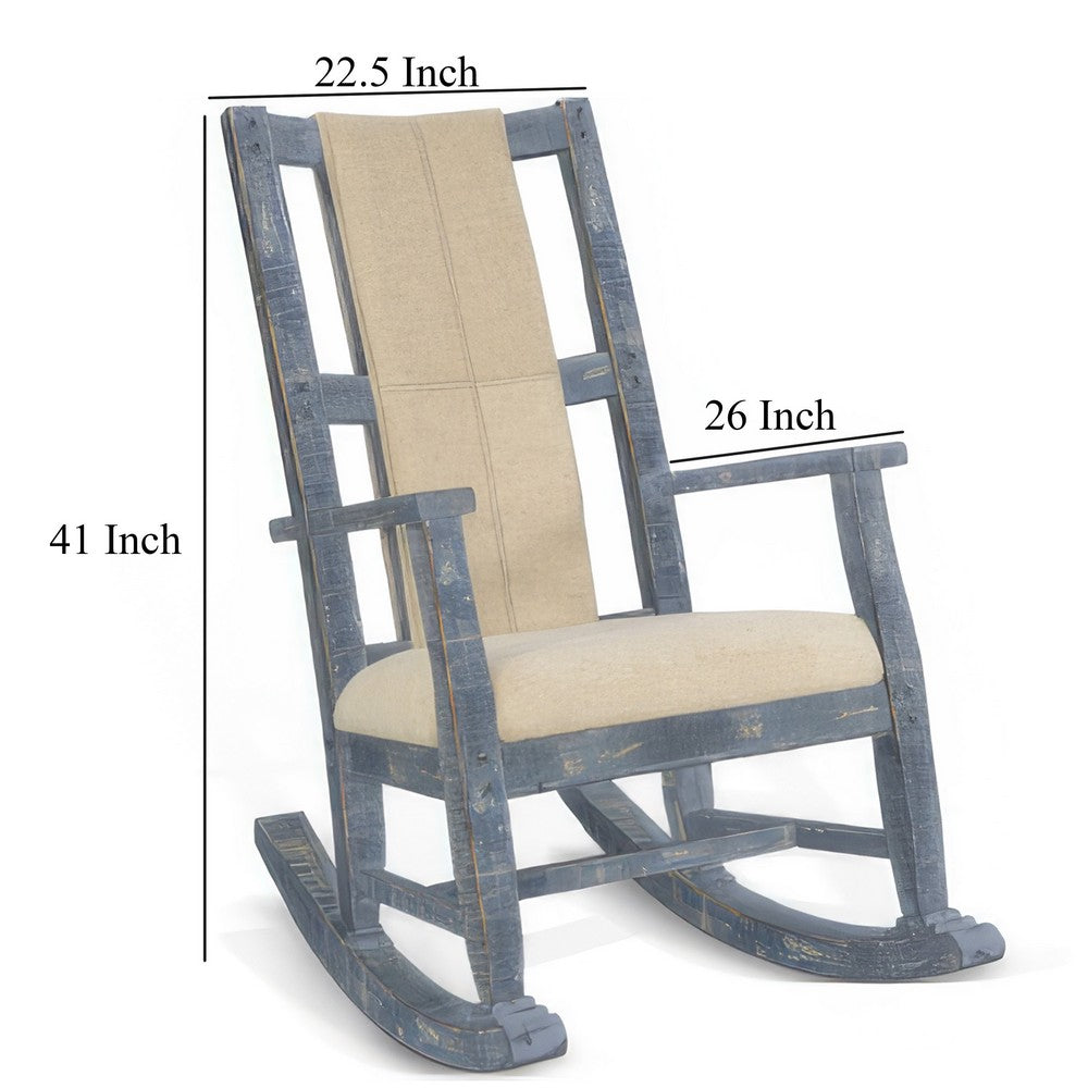 Benjara Rena Rocking Chair, Cushion Seat And Back, Blue Mahogany Mindy Wood