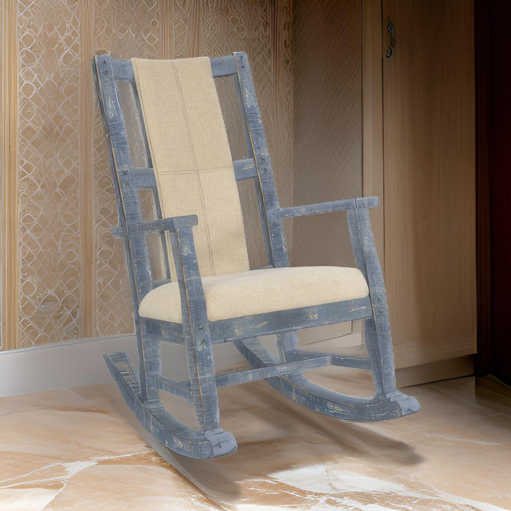 Benjara Rena Rocking Chair, Cushion Seat And Back, Blue Mahogany Mindy Wood