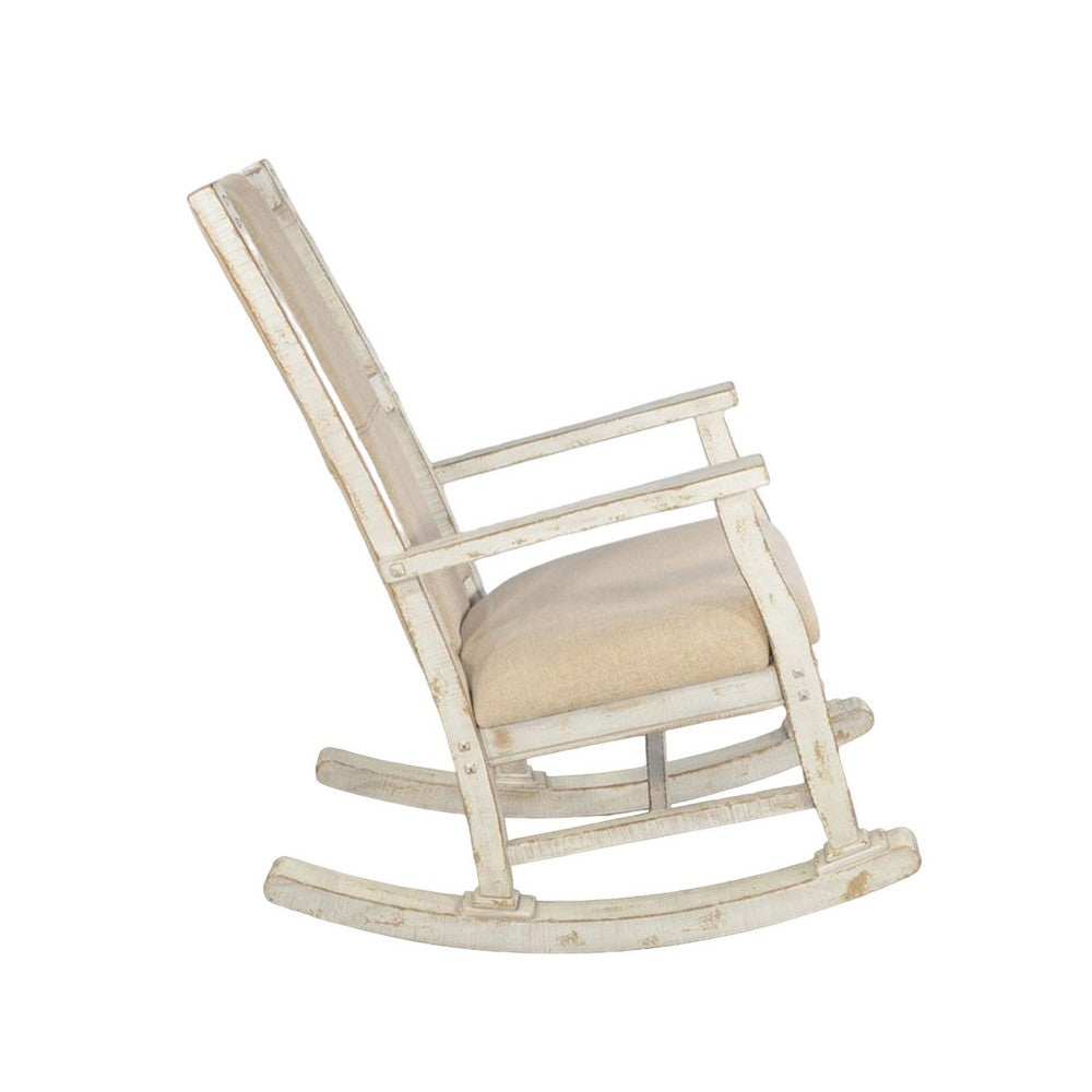 Benjara Rena Rocking Chair, Cushion Seat And Back, White Mahogany Mindy Wood