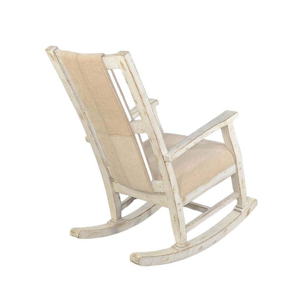 Benjara Rena Rocking Chair, Cushion Seat And Back, White Mahogany Mindy Wood
