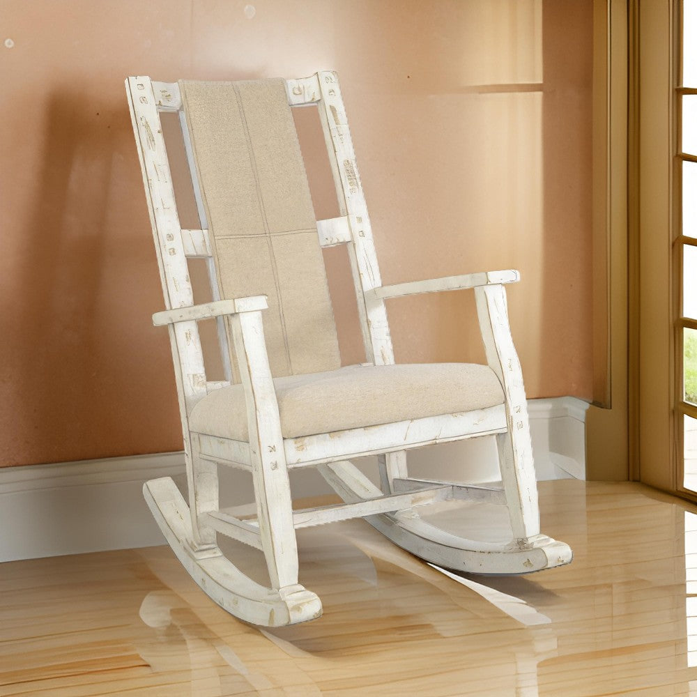 Benjara Rena Rocking Chair, Cushion Seat And Back, White Mahogany Mindy Wood