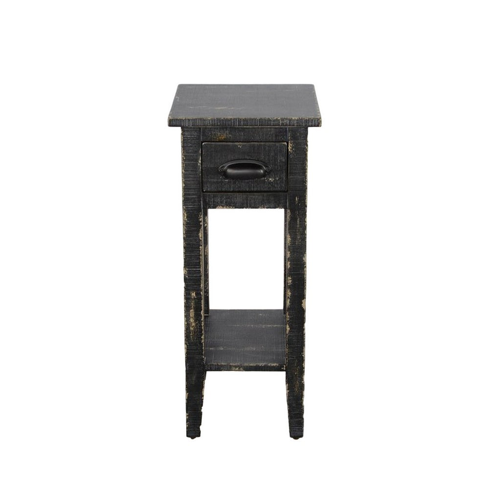Benjara Rena Chairside Table w Drawer And Shelf, 14 Inch Black Mahogany Wood