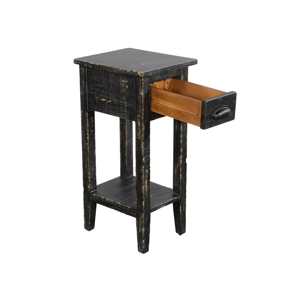 Benjara Rena Chairside Table w Drawer And Shelf, 14 Inch Black Mahogany Wood