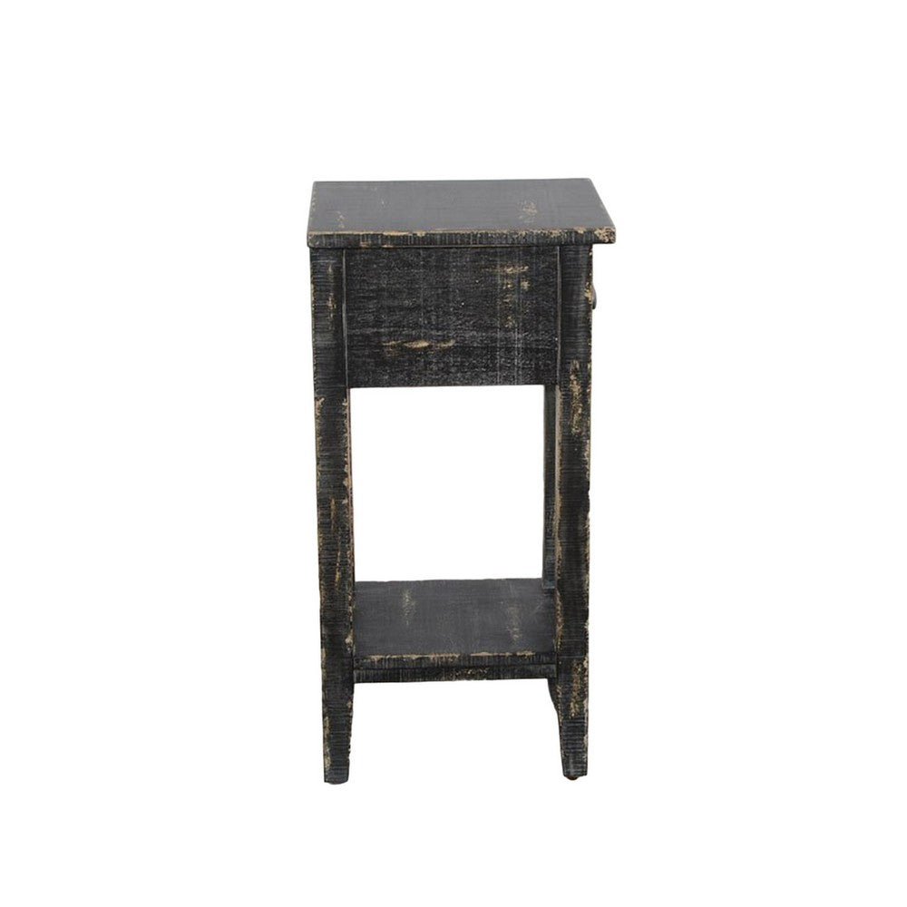Benjara Rena Chairside Table w Drawer And Shelf, 14 Inch Black Mahogany Wood