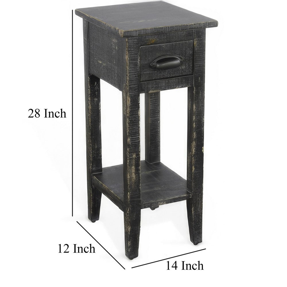 Benjara Rena Chairside Table w Drawer And Shelf, 14 Inch Black Mahogany Wood