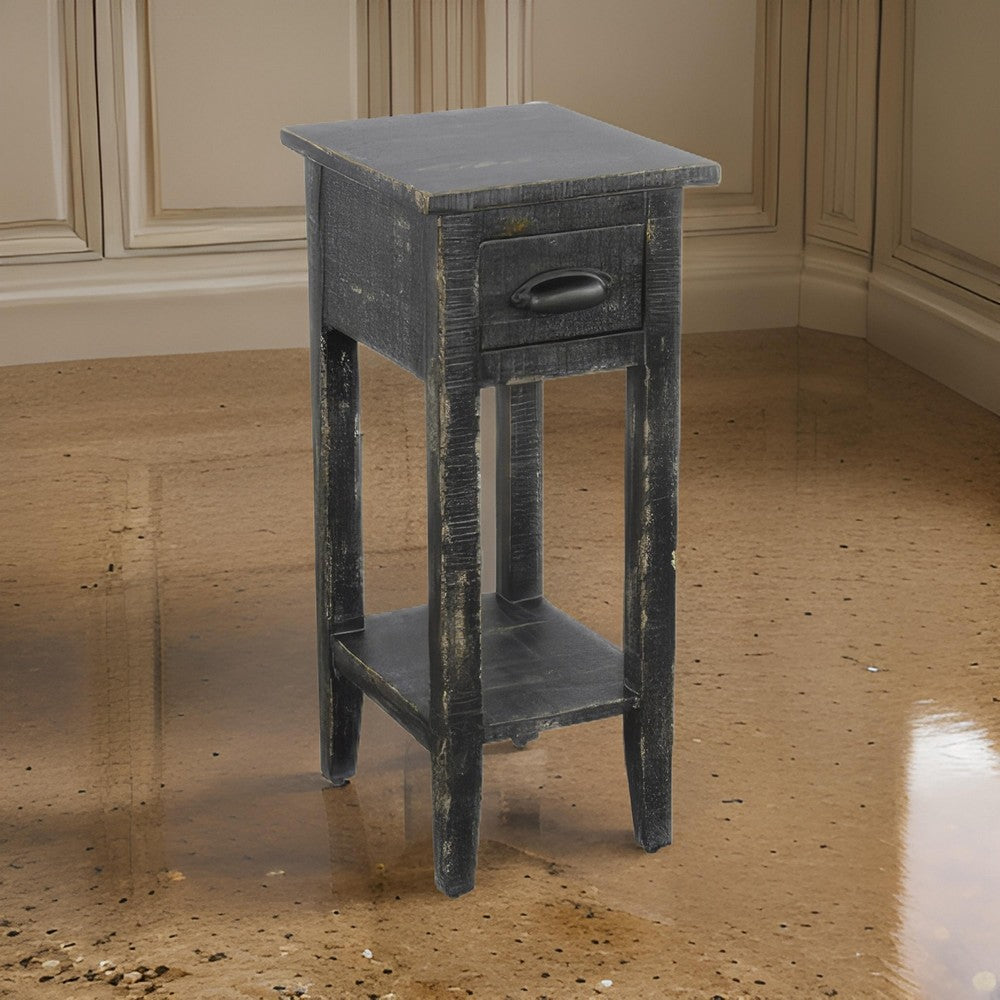 Benjara Rena Chairside Table w Drawer And Shelf, 14 Inch Black Mahogany Wood